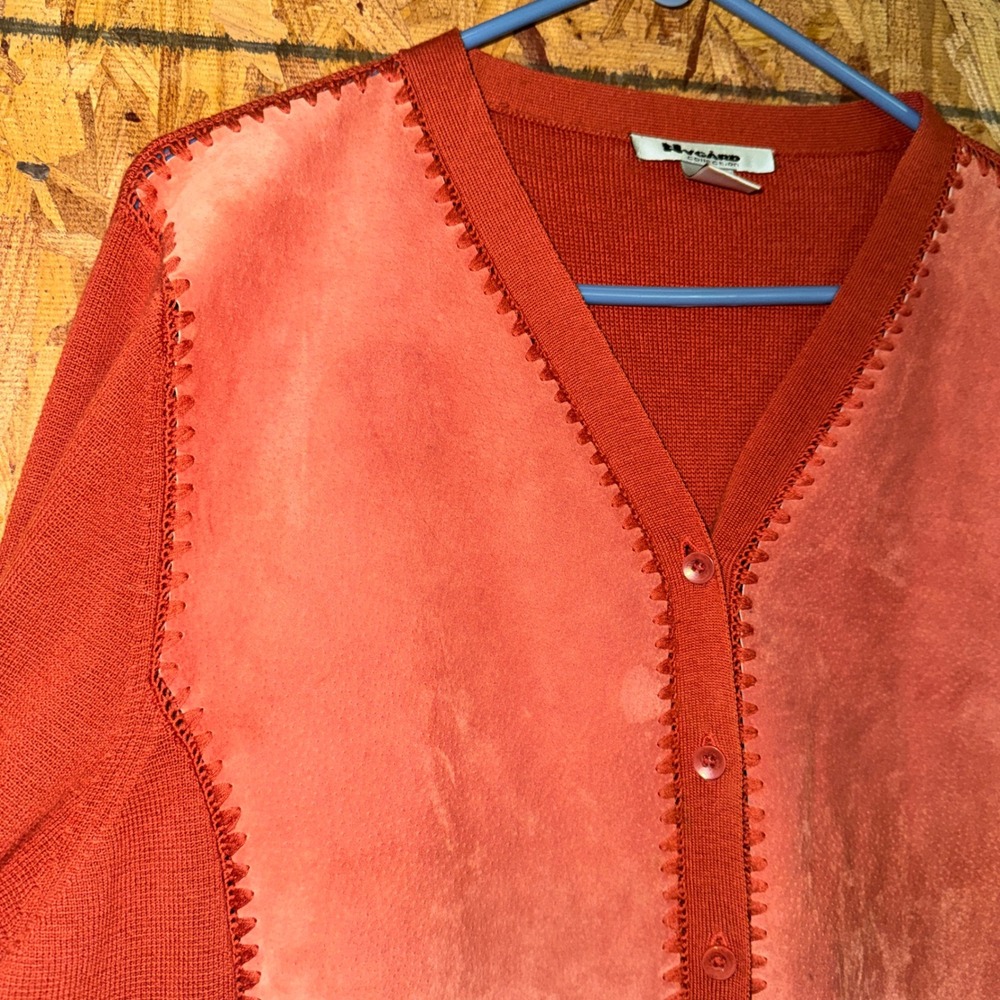 Leather Stitch Panel Cardigan Button Sweater Burnt Orange Modest Layering XL - Picture 3 of 6